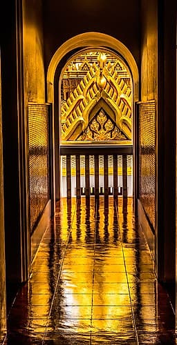 Spire reflection, Loha Prasat Temple, Wat Ratchanatdaram, Worawihan, Bangkok, Thailand. Built 1846. Architecture Print